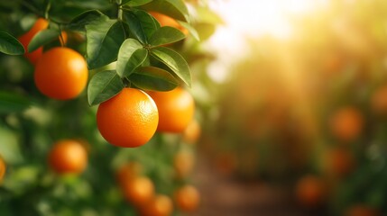 red orange tree branch with ripe fruits under golden sunlight, orchard photography 
