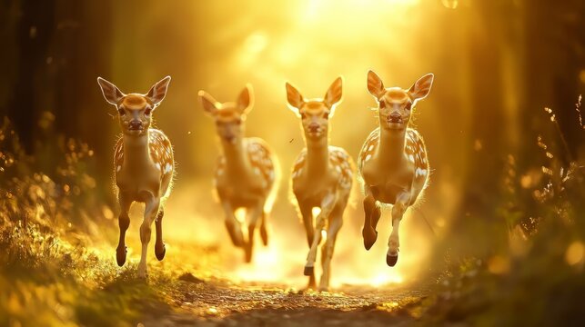 Deer running through a sunlit forest looking at the camera