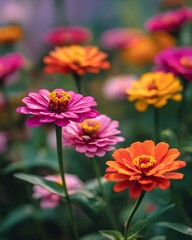 Colorful zinnias blooming in a lush green garden