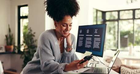 Phone, remote work and smile of woman in home office for research or social media management. Mobile app, computer screen and planning with freelance employee in apartment for small business startup - Powered by Adobe