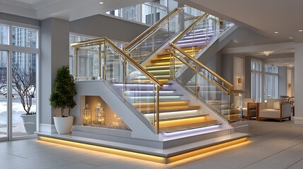 Sleek staircase with glowing step lights high resolution picture
