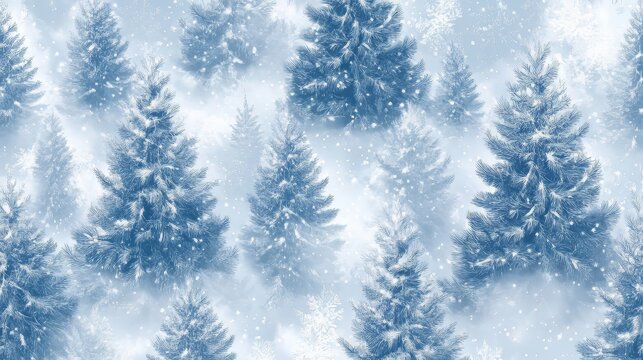 Seamless coniferous winter forest background with fog-covered trees