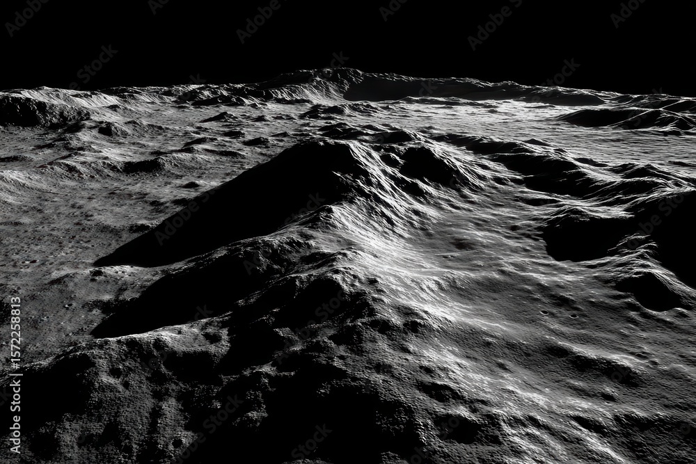 Wall mural rocky, cratered lunar surface under deep black sky, showcasing rugged terrain and shadows on the moo