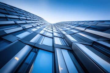 A modern glass building with a wavy facade is captured from a low angle against a clear blue sky