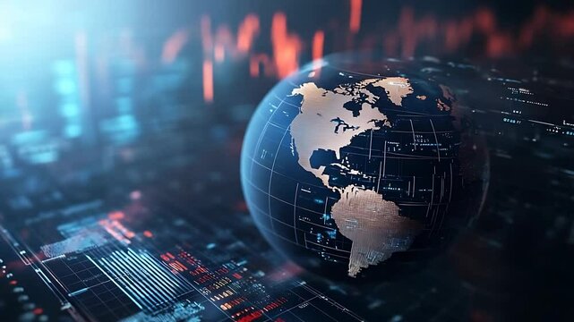 A digital globe representing global connectivity with data streams and technology in the background - Powered by Adobe