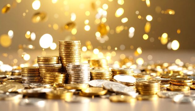 Gold and silver coins stacked, celebratory bokeh