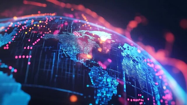 A digital globe showcasing vibrant data connections and global networks, highlighting technological advancement