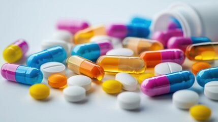 A colorful assortment of pills and capsules scattered on a white surface.