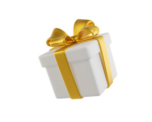 3D rendering White gift box with a gold bow on a white background. A stylized icon perfect for holiday, birthday, or Christmas. Ideal for greeting cards and promotional materials.
