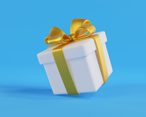 3D rendering White gift box with a gold bow on a white background. A stylized icon perfect for holiday, birthday, or Christmas. Ideal for greeting cards and promotional materials.
