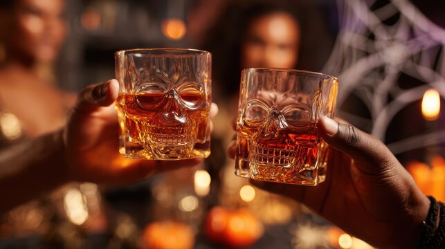 Two people clink skull-shaped glasses filled with a dark drink at a festive Halloween party with decorations