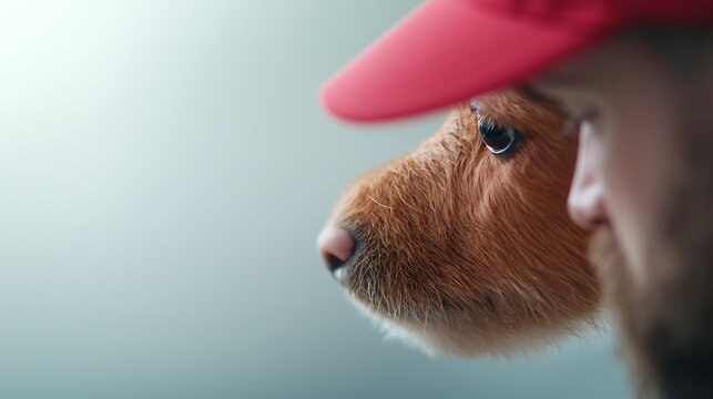 Cute Capybara in Red Cap with Human, Close Up