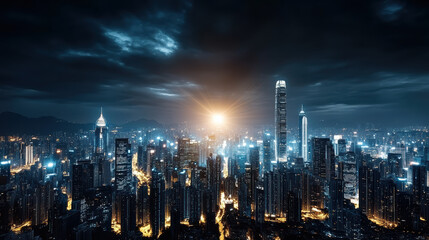 Fototapeta premium Futuristic skyline night with glowing buildings and dramatic clouds. scene evokes sense