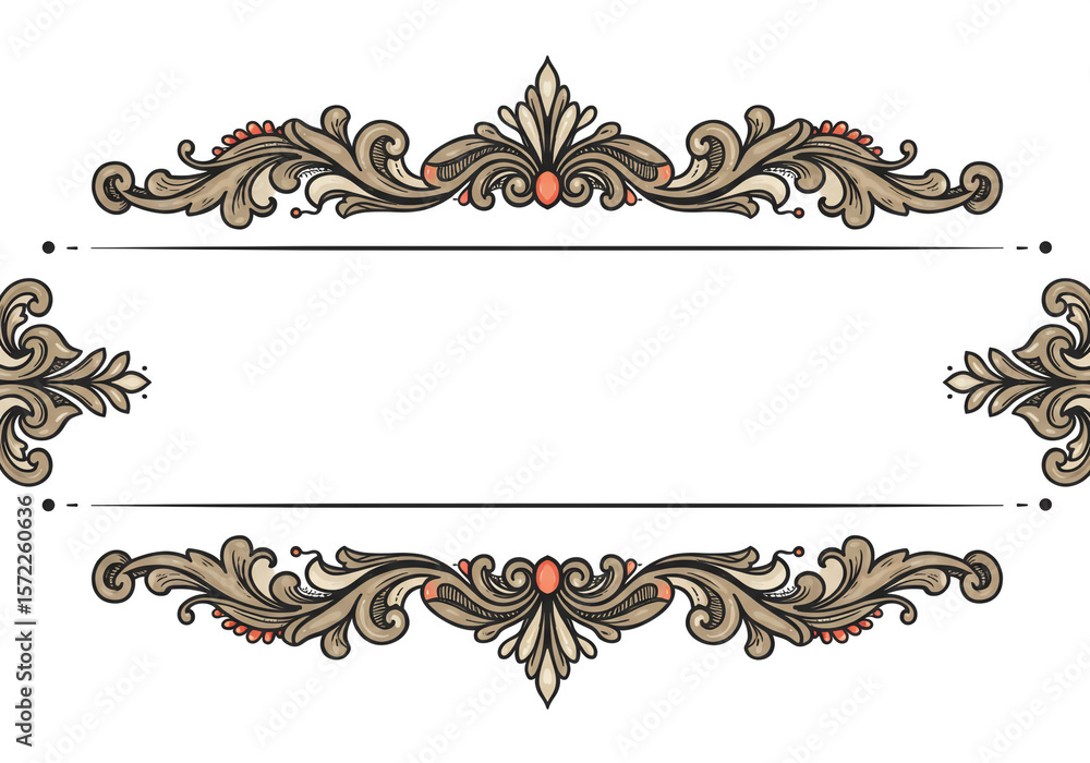 Poster ornate frame with floral scrollwork and red accents on a white background for text or image insertio