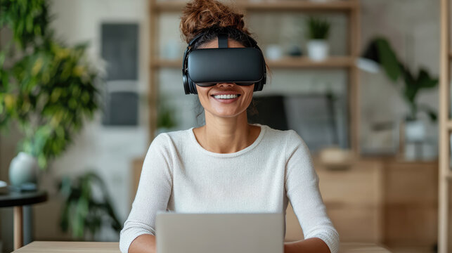 Immersive virtual reality experience with woman wearing VR headset, smiling joyfully