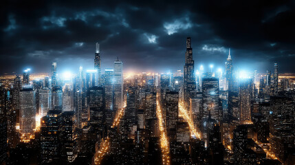 Obraz premium Futuristic city skyline glowing at night with bright lights and dramatic clouds