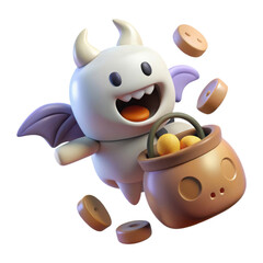 Cute cartoon devil character with wings holding a candy bucket and surrounded by floating candies isolated on transparent background
