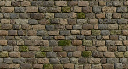 Obraz premium Textured surface of an aged stone wall featuring varied sizes of brown and gray blocks with green moss
