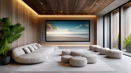 Modern home entertainment room features cozy seating, large screen, and natural light