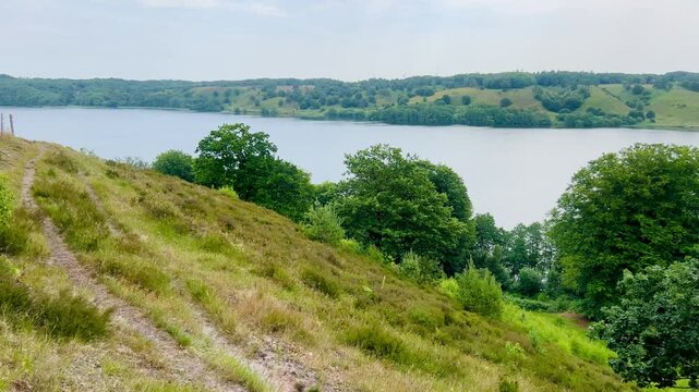 View over Hald Lake from Dollerup bakker, Viborg, Denmark. Tree row avenue at Hald lake. Heather lands. The Manor House of Hald in Dollerup, beautiful location of this historical building. Nice park