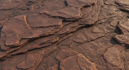 Textured surface of reddishbrown layered stone exhibiting natural fractures and shadowed crevices