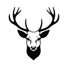 Naklejka premium Black and white deer head illustration with antlers. Simple graphic design in a minimalist aesthetic. Nature themed graphic for logo design, packaging, or website.