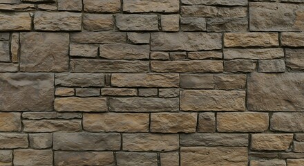 Textured wall of irregular roughhewn stones in earthy brown grey and tan tones fitted with mortar