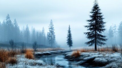 Soft fog blankets a pine forest, with only the faint outlines of trees visible in the pale light.