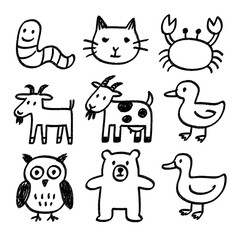Kids Crayon Animal Doodle Collection – Hand Drawn Childlike Style – Transparent Background