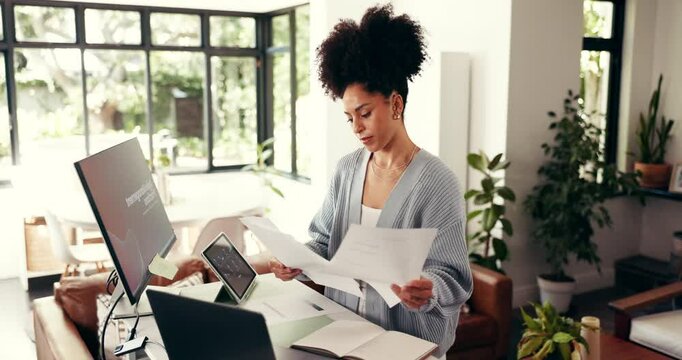 Woman, remote work and reading paperwork at house for accounting, finance report and review budget. Female person, document and information for taxes form, financial statement and investment proposal