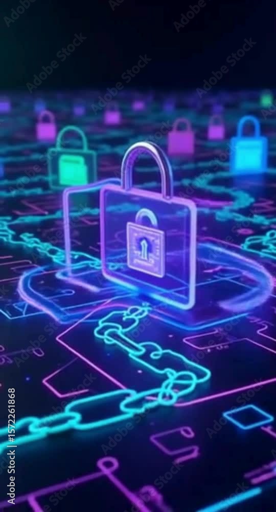 Poster abstract digital security concept with glowing padlocks and chains on a dark background