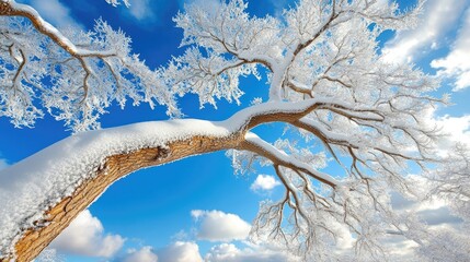 Frosted branches reaching upward, their icy surfaces sparkling against the cold sky.