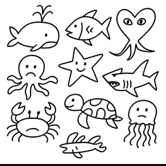 Kids Crayon Sea Animal Doodles &ndash; Childlike Sketch Style &ndash; Transparent Background