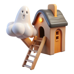 Cute cartoon ghost floating near a small house with a ladder isolated on transparent background