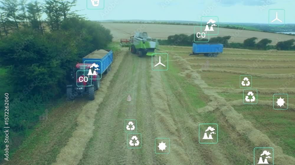 Poster drone camera opening field showing combine unloading grain into trailer with icons monitoring yield