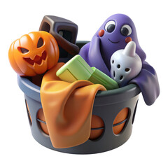 Cute halloween basket filled with a cartoon ghost pumpkin and spooky treats isolated on transparent background