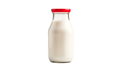 Fresh dairy milk in a glass bottle with red cap is displayed isolated on transparent background
