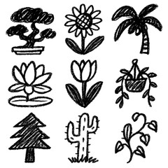 Cute Kids Sketch of Trees, Flowers, and Plants – Childlike Botanical Doodles in Black and White – Transparent Background