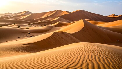 Vast desert dunes bathed in golden sunrise light
