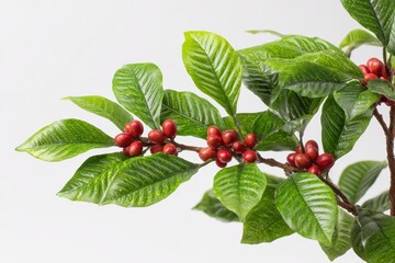 A branch with glossy green leaves and clusters of ripe red coffee cherries against a white background