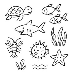 Kids Crayon Sea Animal Doodles &ndash; Childlike Sketch Style &ndash; Transparent Background