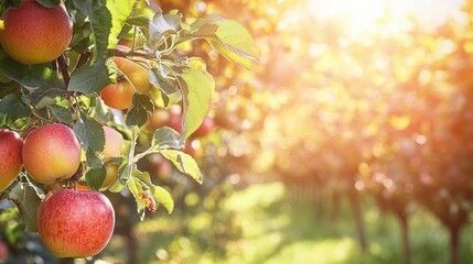An apple tree with ripe apples hanging from its branches, illuminated by sunlight, with a blurred background of more trees and a clear sky.