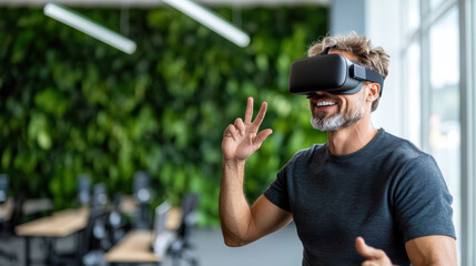 Engaged man wearing virtual reality headset, interacting in modern workspace