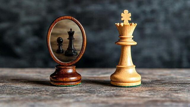 Chess king beside reflection of pawn and queen metaphor for strategy potential and leadership