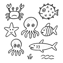 Kids Crayon Sea Animal Doodles &ndash; Childlike Sketch Style &ndash; Transparent Background