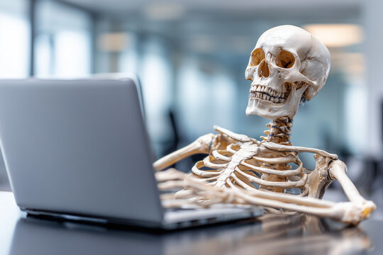 Close up, Working to death. Business man's skeleton using laptop in office.