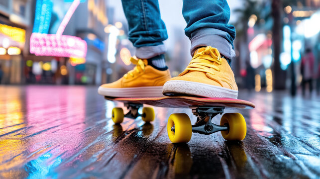 Skater in yellow shoes rides skateboard on wet neon sidewalk, reflecting vibrant lights