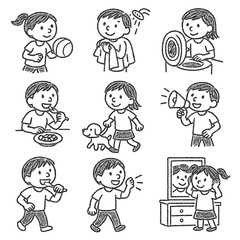 Kids Crayon Daily Activities Doodles – Childlike Sketch Style – Transparent Background