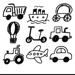 Cute Kids Sketch of Transport Icons – Hand Drawn Cars, Buses, Bikes, Trains, and More – Transparent Background