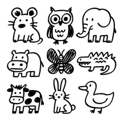 Kids Crayon Animal Doodle Collection – Hand Drawn Childlike Style – Transparent Background